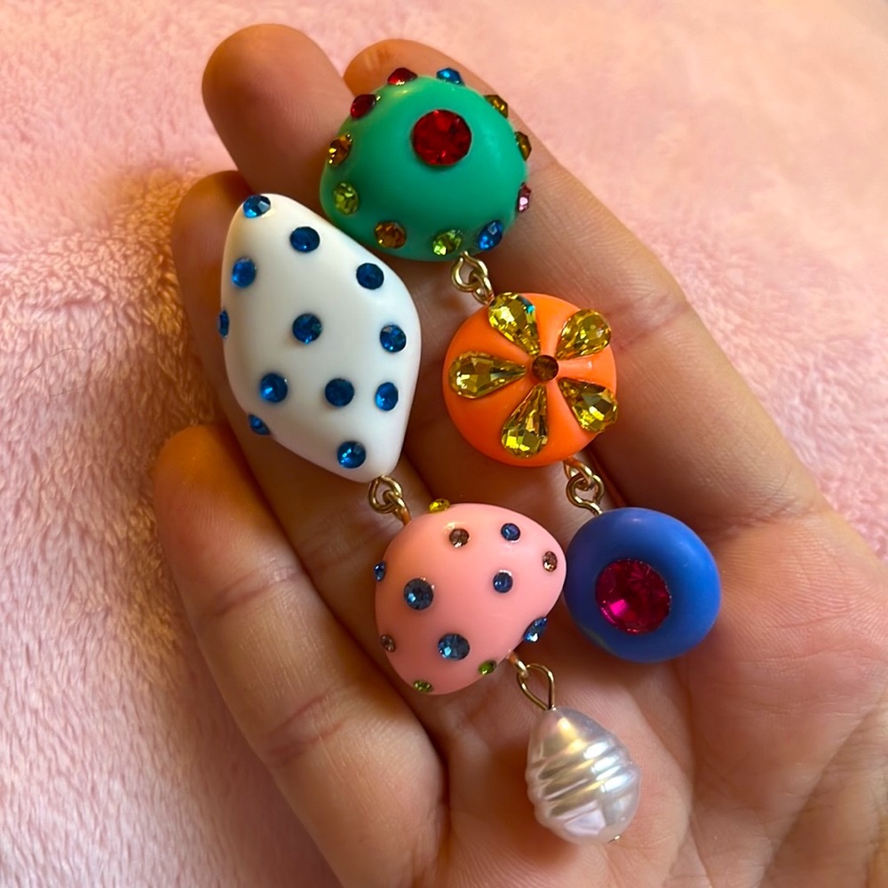 Large crazy eccentric colorful clay & rhinestone long drop earrings